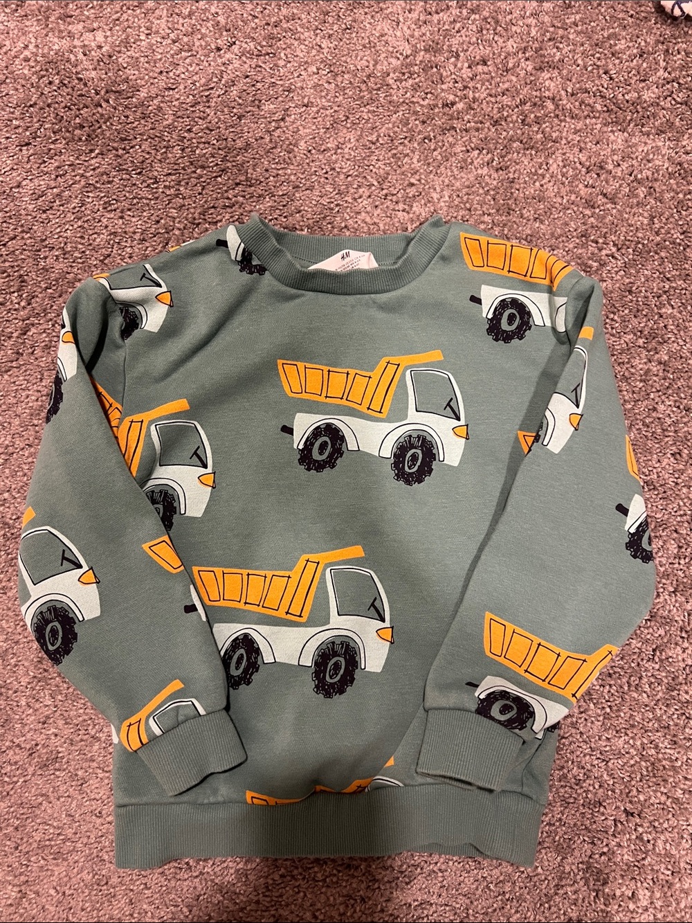 H&M Green Sweatshirt with Yellow & White Dump Truck Print